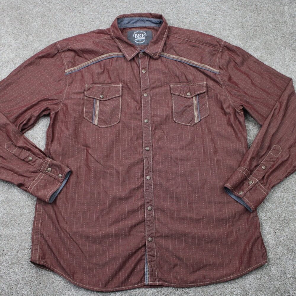 BKE Pearl Snap Shirt Mens 2XL XXL Red Athletic‎ Fit 100% Cotton Long Sleeve